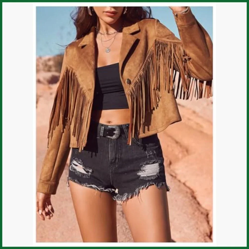 Faux Suede Fringe Open Front Jacket Western Concert Outerwear - Picture 2 of 6